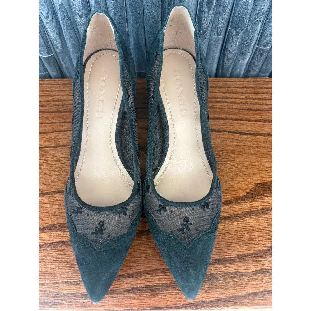 Coach G3281 Black Suede Mesh Floral Embroidered Block Heel Pumps Womens 7B